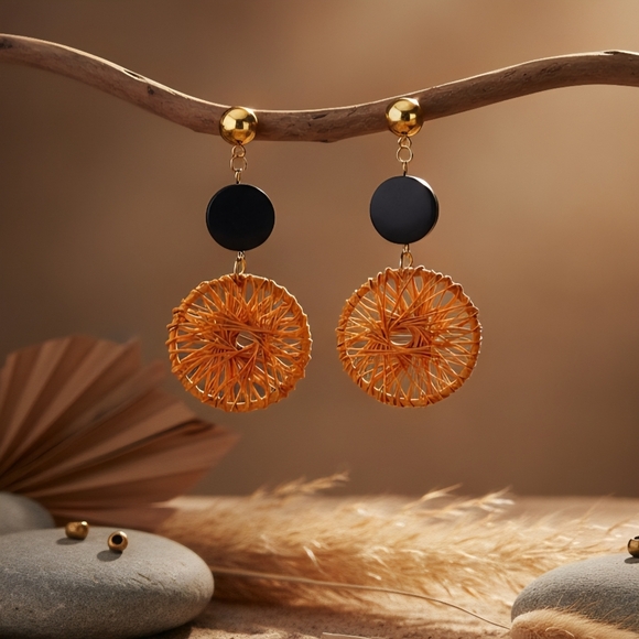 Boho Chic Handwoven Spiral Navy Wood Gold Dangle Earrings Handmade Jewelry - Picture 8 of 15